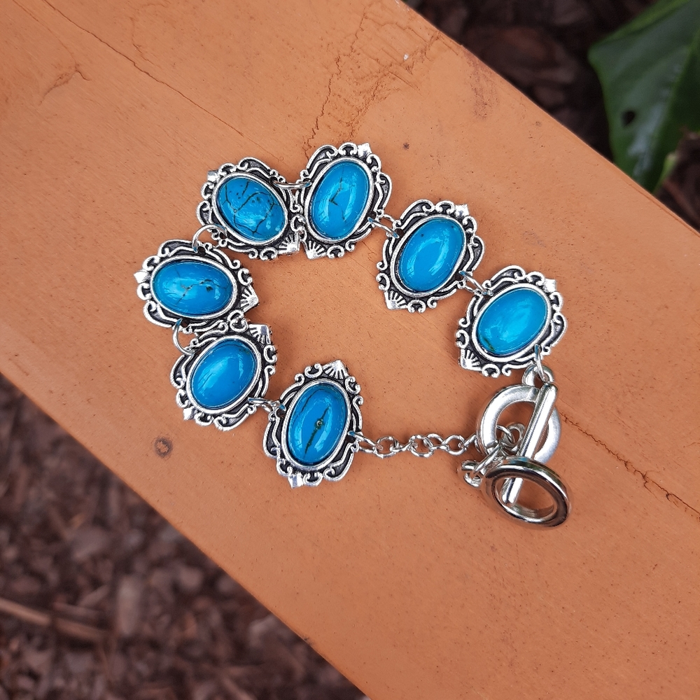 Oval Blue Turquoise Faux Stone Toggle Bracelet